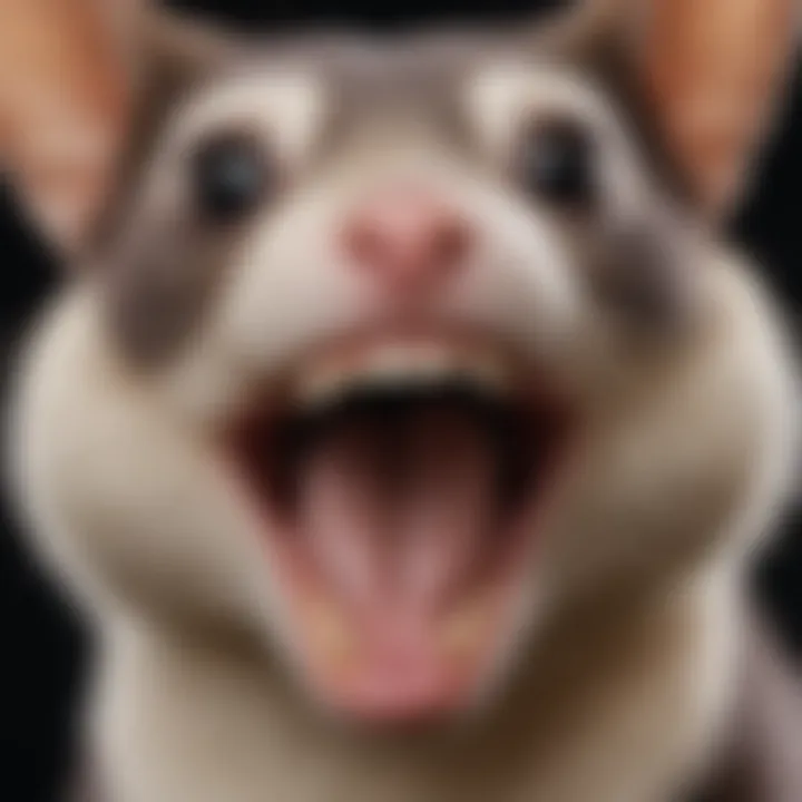 Close-up of a sugar glider's mouth showing its small teeth