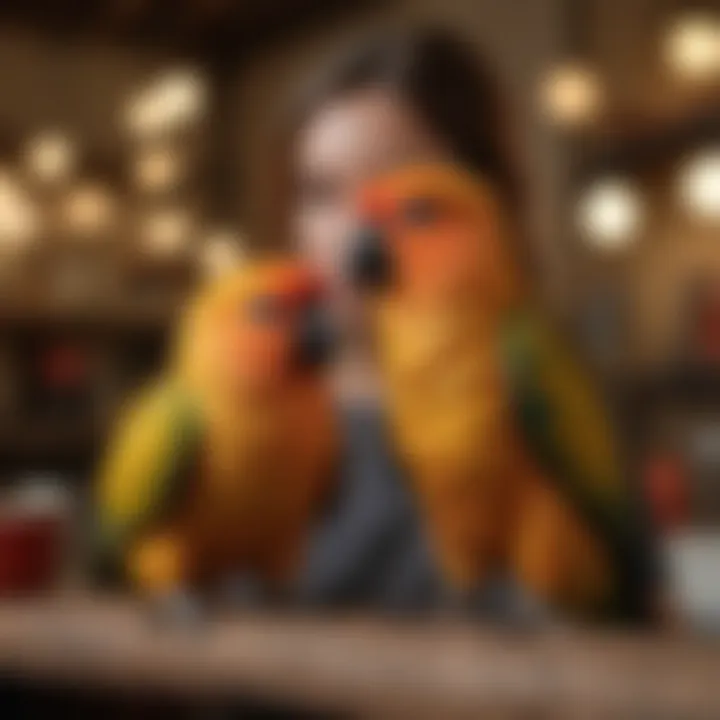 An owner bonding with a sun conure in a cozy environment