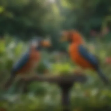 Nature's Symphony: Birds Interacting in a Garden A tranquil outdoor scene with various birds interacting in a garden