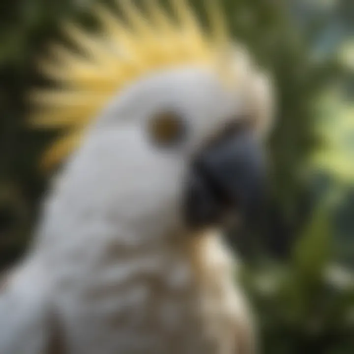 A close-up of a cockatoo expressing its vocal prowess in a lush environment