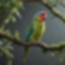 A vibrant parakeet perched on a branch, showcasing its colorful feathers