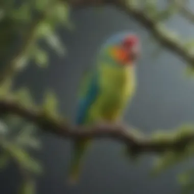 A vibrant parakeet perched on a branch, showcasing its colorful feathers