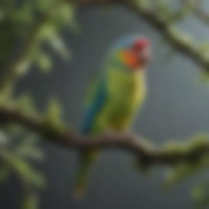 A vibrant parakeet perched on a branch, showcasing its colorful feathers