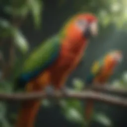 A vibrant parrot perched on a branch, showcasing its colorful feathers.