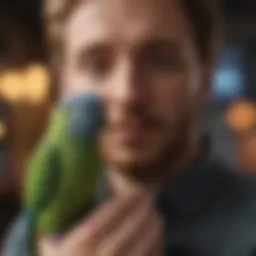 A person gently cradling a parakeet