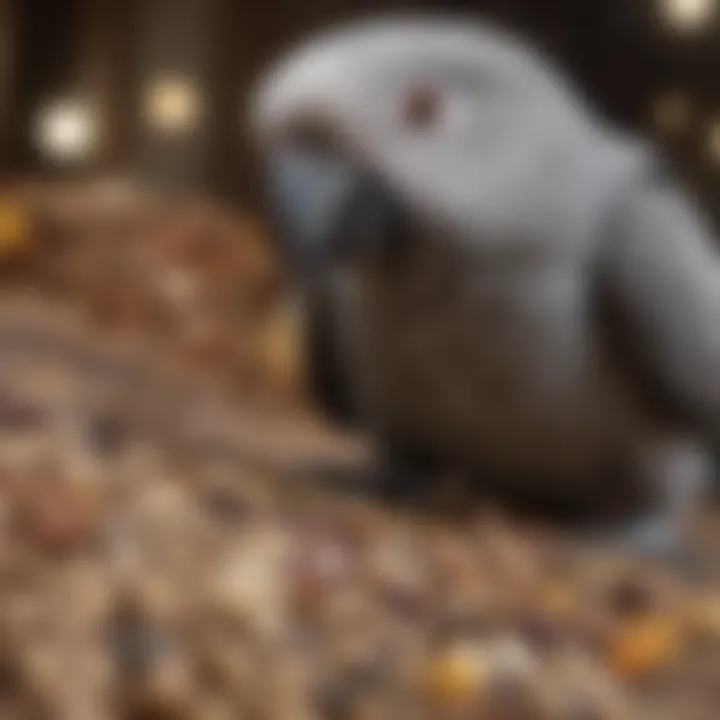 A detailed view of a variety of bird food and supplies necessary for gray parrot care.