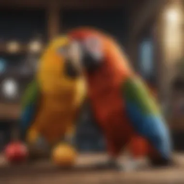 A close-up of a macaw engaging with a toy