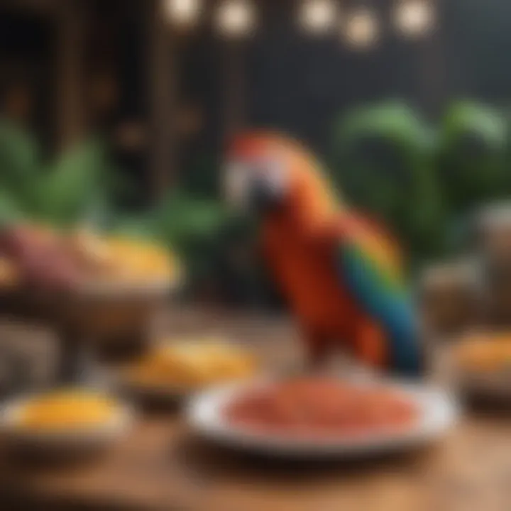 An array of macaw food options displayed on a table