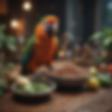 An array of parrot food and care supplies organized neatly.