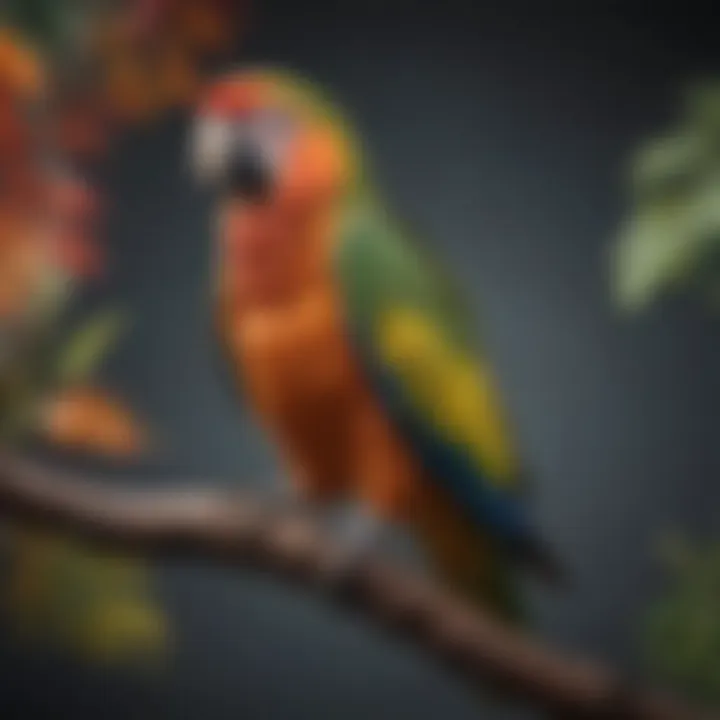 A vibrant parrot perched on a branch, showcasing its colorful feathers.