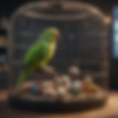 A well-maintained parakeet cage with toys