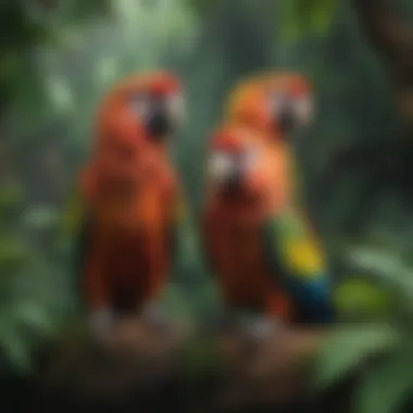 The Colorful World of Parrots Colorful parrots perched in a lush environment