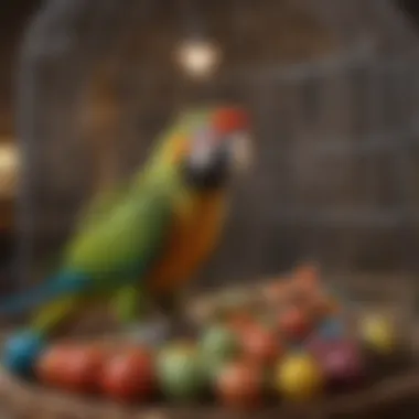 A parrot in a well-equipped cage with toys and perches, illustrating the importance of proper care.