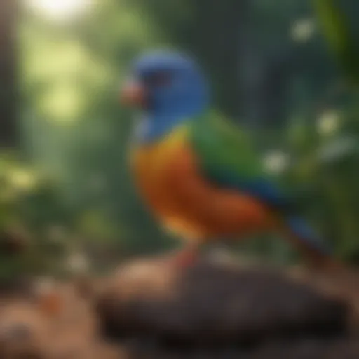 Variety of colorful pet birds in a natural setting