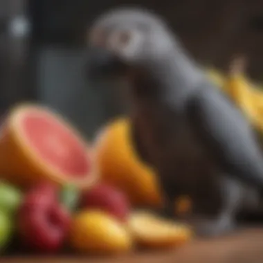Colorful Fruits for African Grey Nutrition A vibrant assortment of fruits suitable for African Grey Parrots