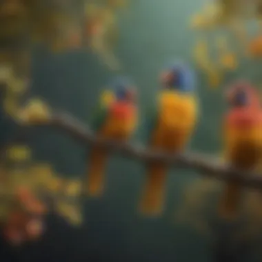 Symbolism of Freedom in Dreams Colorful pet birds perched gracefully on a branch, symbolizing freedom and expression.