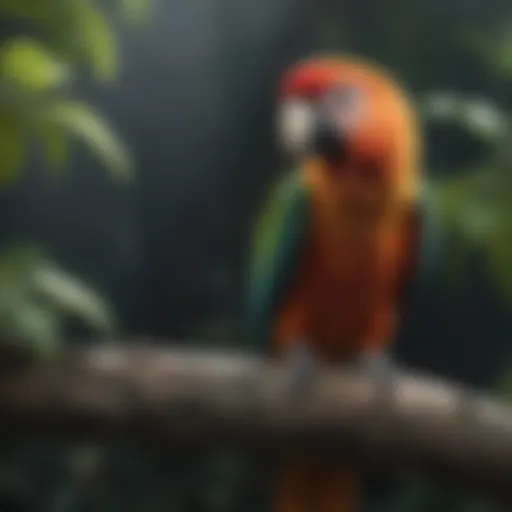 A vibrant parrot perched on a branch, looking curiously into the distance.