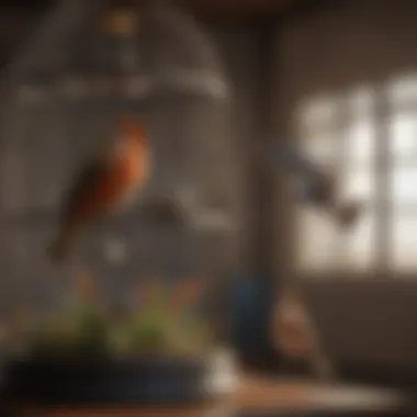 A tranquil setting with a bird interacting with its cage