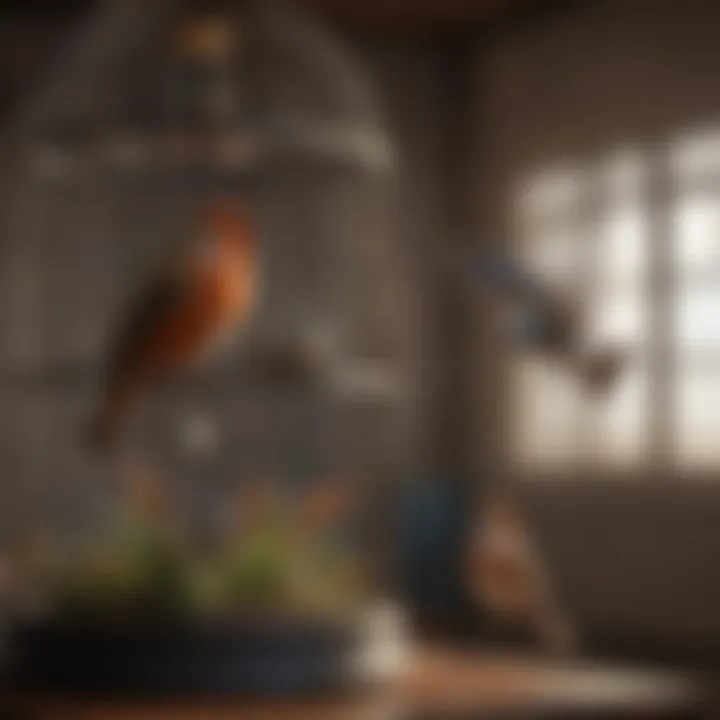 A tranquil setting with a bird interacting with its cage