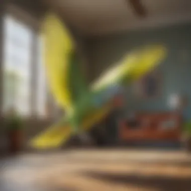 A vibrant parakeet soaring gracefully through a sunlit living room.