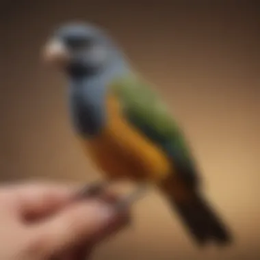 A close-up of a pet bird comfortably sitting on a finger, showcasing trust. Pet bird perched on a finger