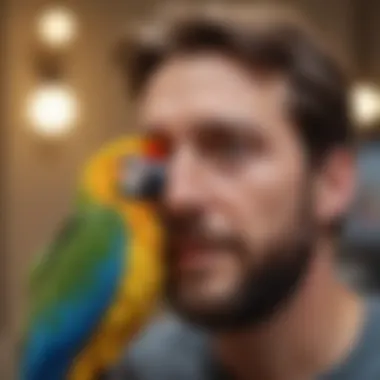 Connection Between Pet Bird and Owner A colorful parrot perched on the head of its owner, showcasing a moment of connection.