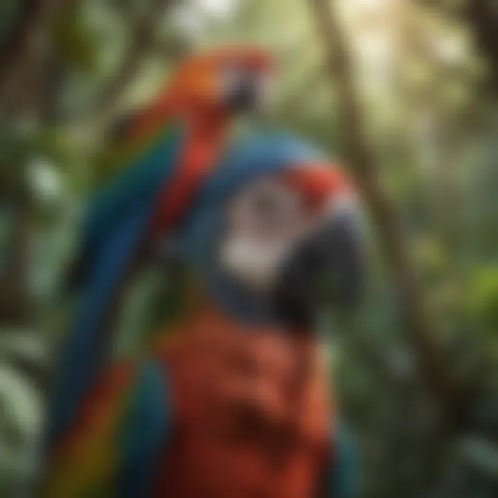 A vibrant macaw perched atop a person's head amidst a lush setting, symbolizing companionship.