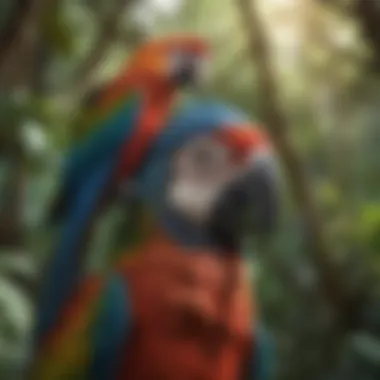 Companionship in Nature: Macaw on Head A vibrant macaw perched atop a person's head amidst a lush setting, symbolizing companionship.