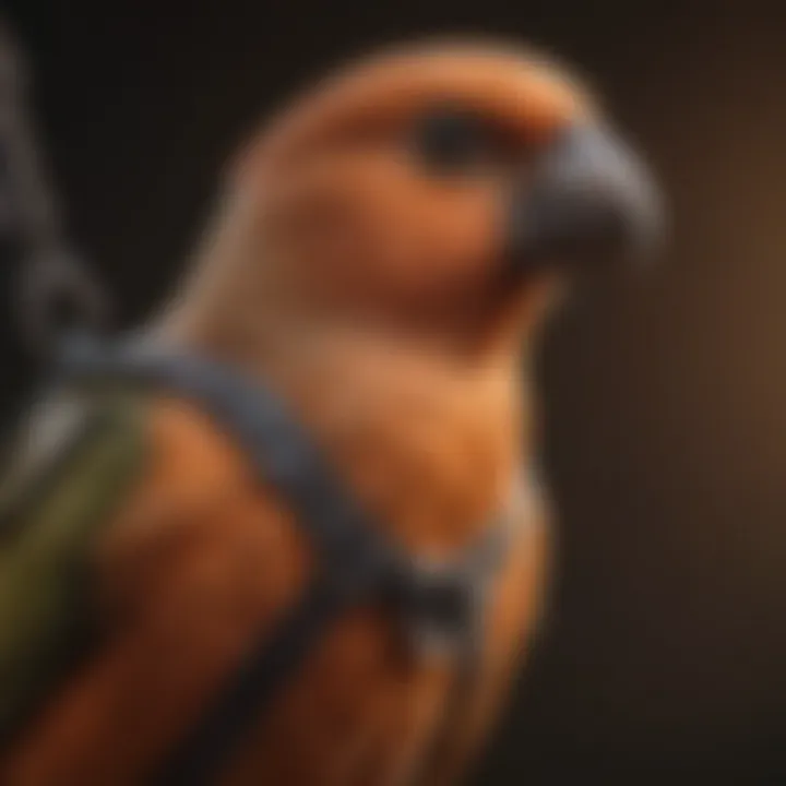 A close-up of a bird harness, demonstrating safe outdoor equipment for birds