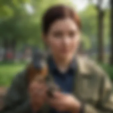 Bird Owner in a Park A bird owner gently holding a small bird while in a park