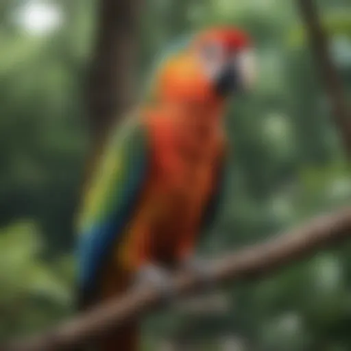 A colorful parrot perched on a branch outdoors, enjoying sunlight