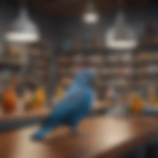 Colorful classroom setting with various pet birds perched on desks and shelves