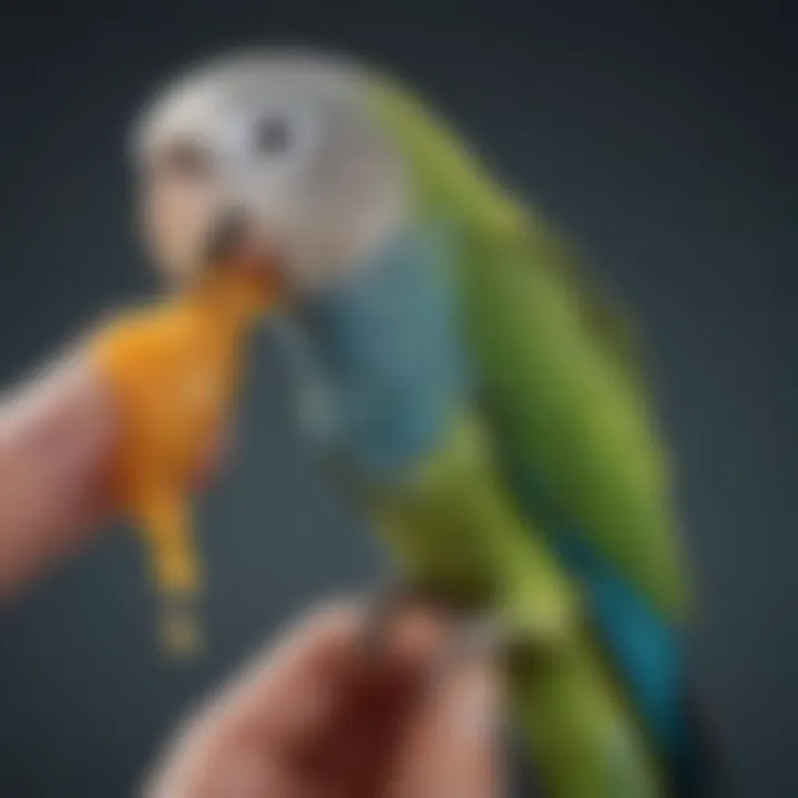 A vibrant parakeet perched on a finger, showcasing trust and companionship.