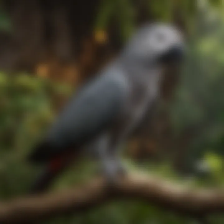 A vibrant African Grey parrot perched on a branch in a lush environment.