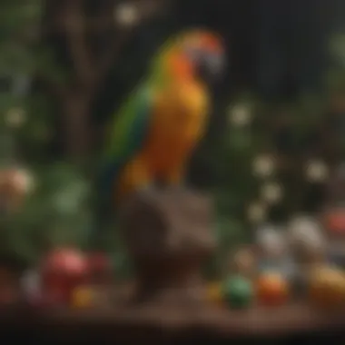 A parrot perched happily on a vibrant tree stand surrounded by toys