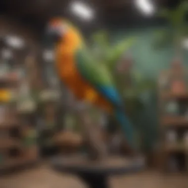Different types of parrot tree stands displayed in a pet store