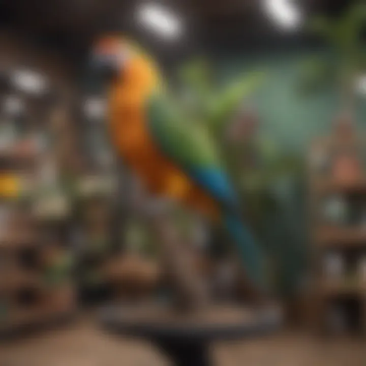 Different types of parrot tree stands displayed in a pet store
