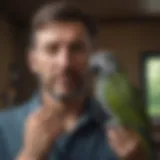 A concerned bird owner holding their pet parrot