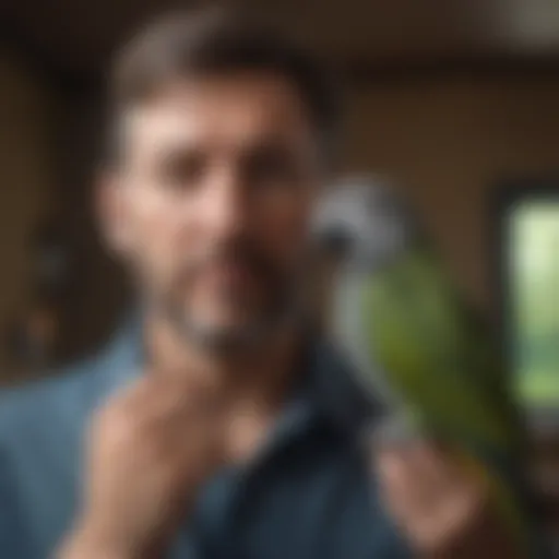 A concerned bird owner holding their pet parrot