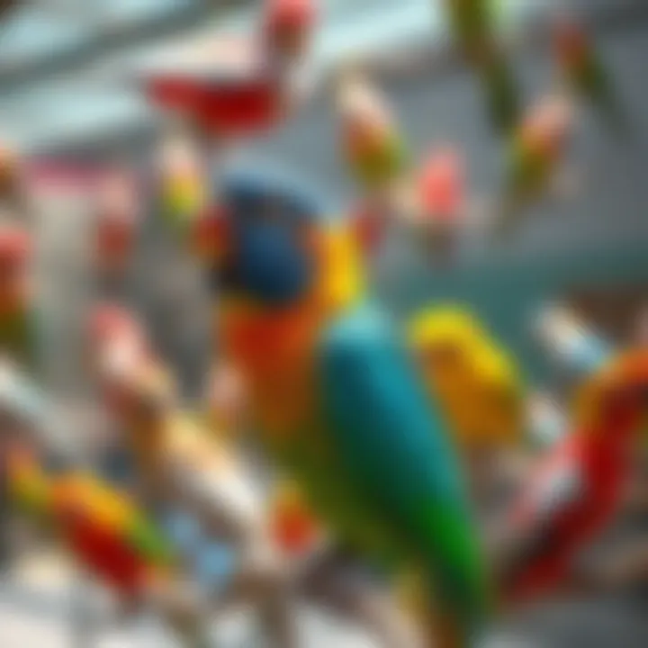 A colorful aviary filled with various pet birds in a lively setting.