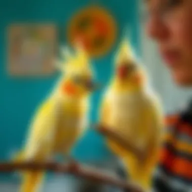 An owner engaging in playful activities with a cockatiel.