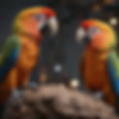 Vibrant Parrots Engaging in Vocalization Colorful parrots perched and vocalizing