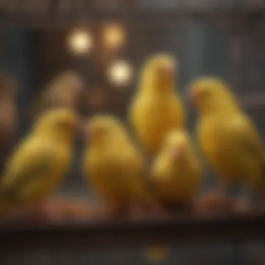 A serene scene of a canary singing in a cozy cage, surrounded by natural sunlight.