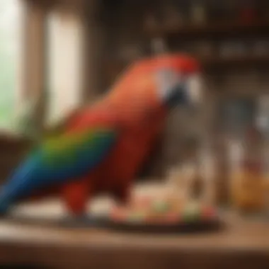 An assortment of nutritional supplements tailored for macaws displayed on a wooden table.