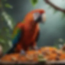 A vibrant macaw perched on a branch surrounded by various seeds and nuts.