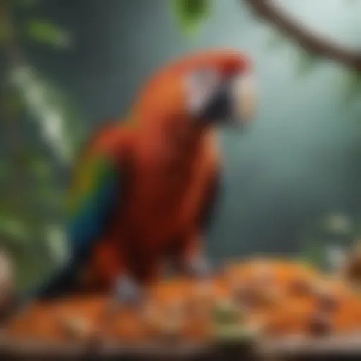 A vibrant macaw perched on a branch surrounded by various seeds and nuts.