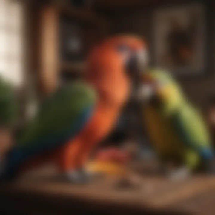 An engaging parrot interacting with its caregiver in a cozy home setting