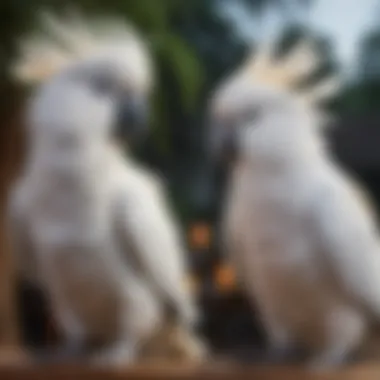 A young cockatoo and an adult cockatoo side by side to highlight age differences.