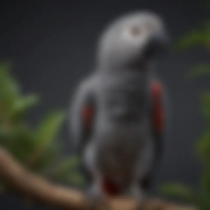 Close-up of an African Grey parrot perched on a branch, showcasing its vibrant plumage and intelligent gaze.