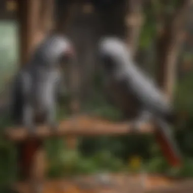 A serene aviary setting featuring multiple African Grey parrots in a natural habitat, illustrating the importance of environment.